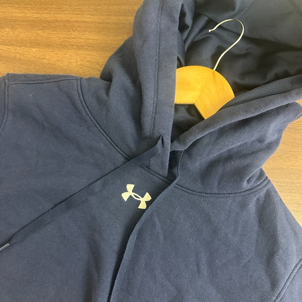 Under Armour Hustle Fleece Hoodie Navy Blue Knit Cotton Pullover Logo Men Medium